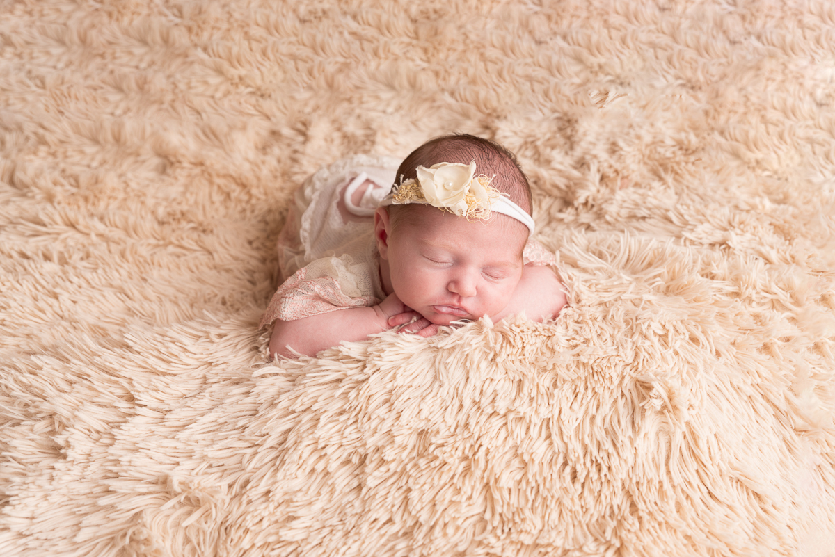 Photographe naissance Seine-et-Marne, nouveau-né endormi dans une corbeille en osier, pose artistique avec accessoires studio.